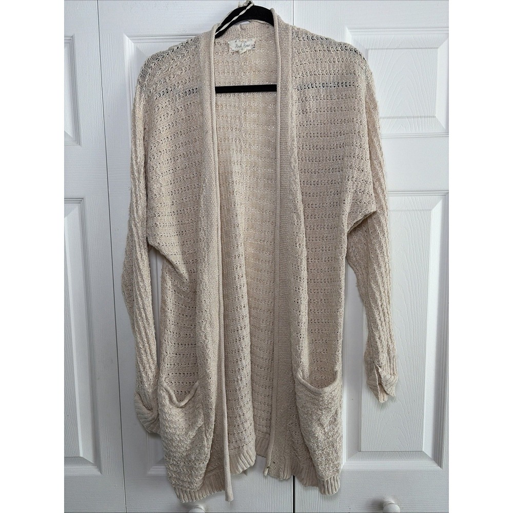 Pink Rose Open Front Cardigan Womens Size M Cream Pointelle Knit Boho Cotton